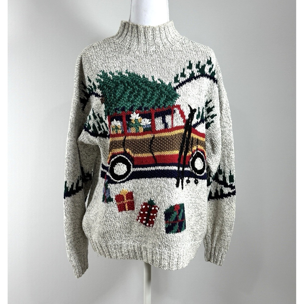 Vintage Hand Knit Christmas Sweater Woodie Car Tree Robert Scott Ramie Cotton  L